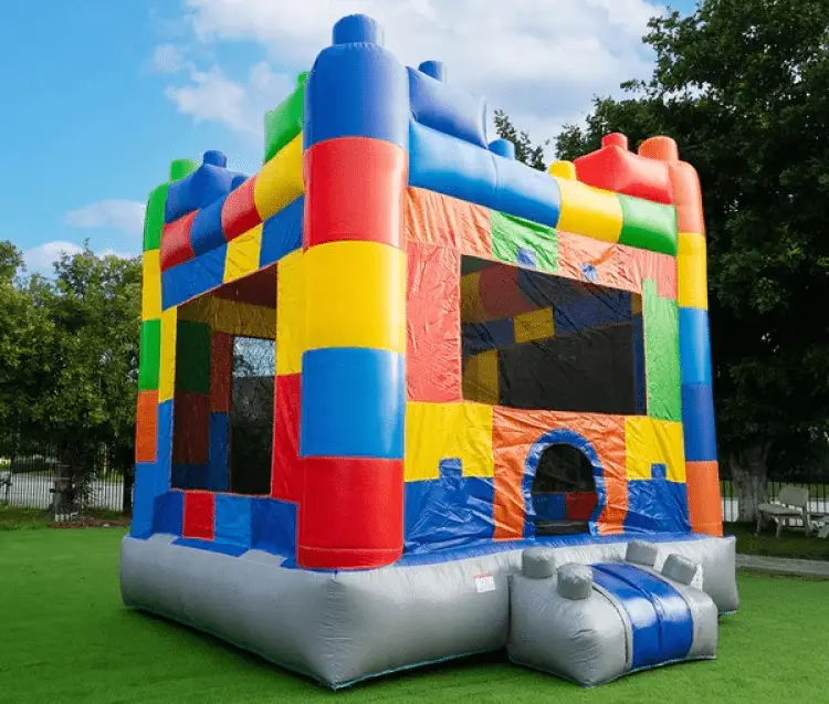 Colorful bounce house rental setup for kids' outdoor parties